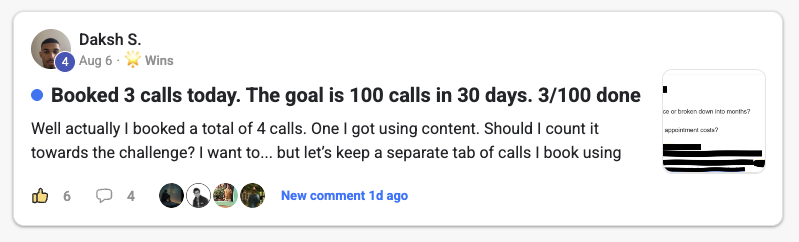 Daksh S.'s community post: Booked 3 calls today. The goal is 100 calls in 30 days. 3/100 done. The post says four calls were booked in total, including one from content.